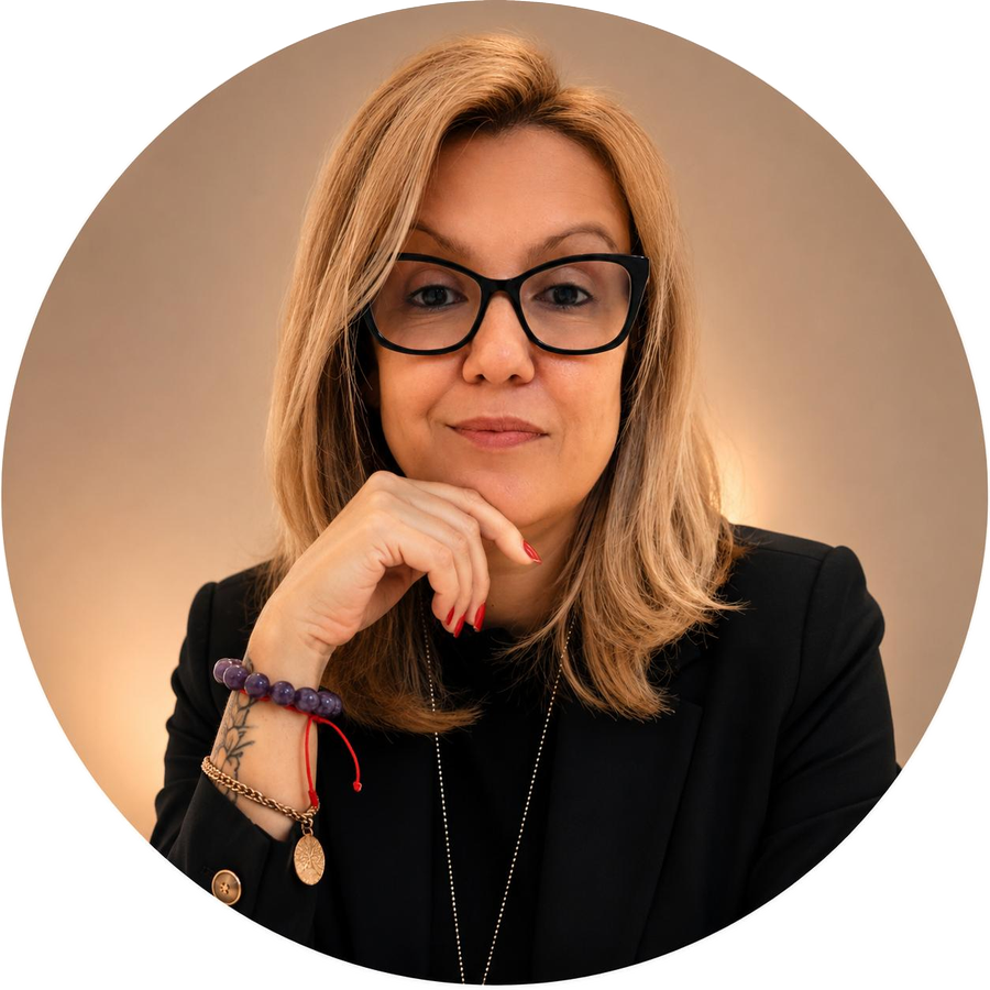 Retrato de Monica Abacherli apoiando o queixo na mão, de blazer preto, sobre fundo bege